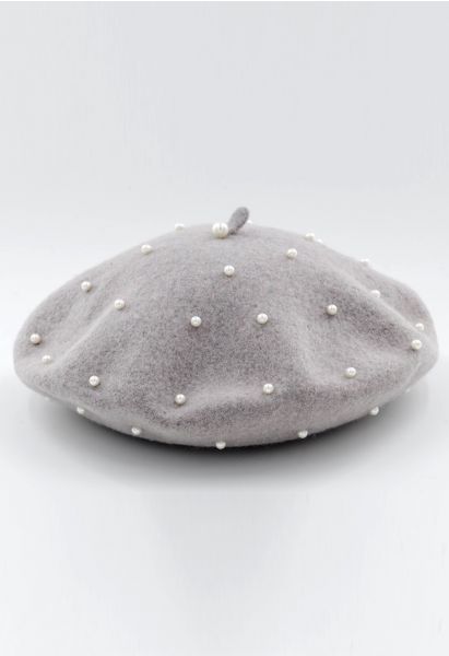 Handmade Pearl Wool Blend Beret Hat in Grey