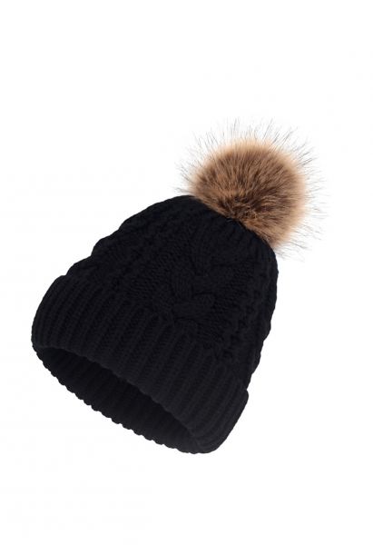Pom-Pom Trim Braided Knit Beanie Hat in Black