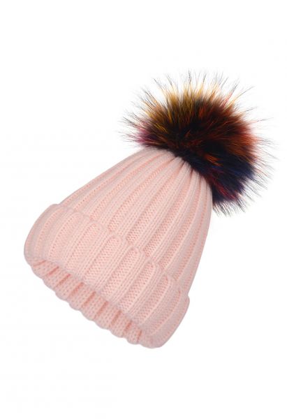Colorful Pom-Pom Trim Beanie Hat in Pink