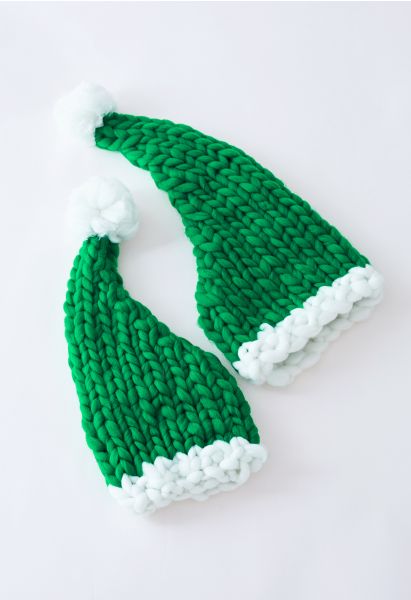 Braided Hand-Knit Pom-Pom Christmas Hat in Green