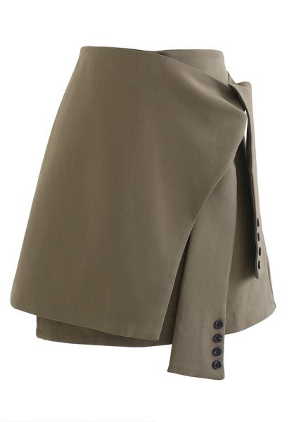 Tie Waist Flap Front Mini Skirt in Khaki