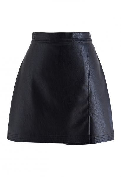 Nifty Faux Leather Flap Mini Bud Skirt in Black