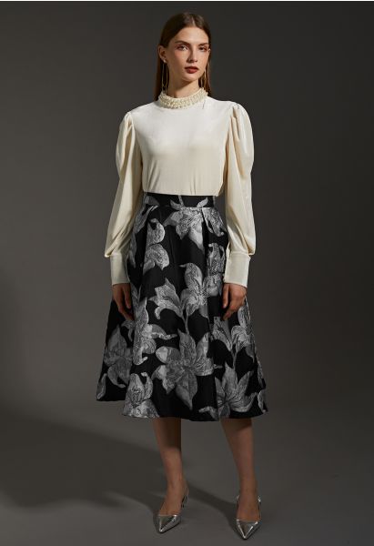Lily Blossom Metallic Jacquard Midi Skirt in Silver