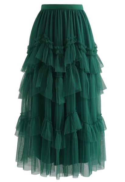 Exquisite Tiered Ruffle Mesh Tulle Skirt in Green
