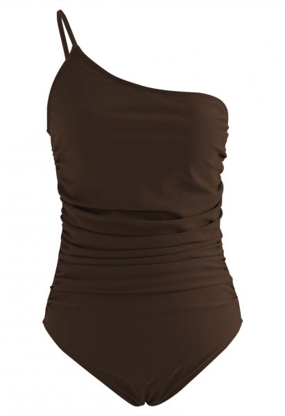 One-Shoulder Ruched Detail Swimsuit in Brown