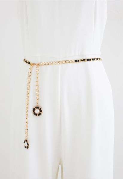 Floral Pearl Faux Leather Gold Chain Belt in Black