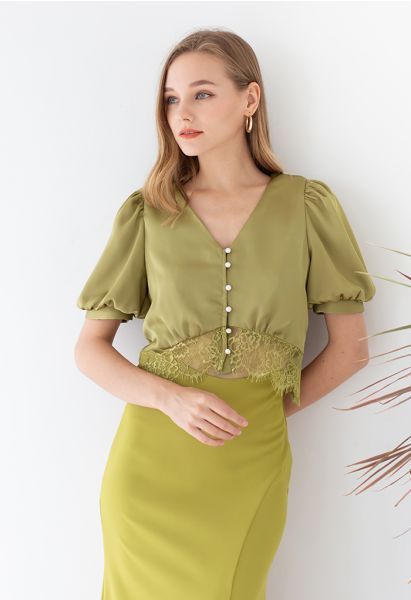 Lacy Waist V-Neck Satin Top in Olive