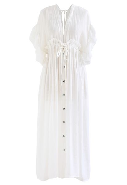 Ruffle Sleeves Deep V-Neck Cover Up in White