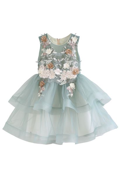 Floral Embroidered Sleeveless Tiered Dress For Kids