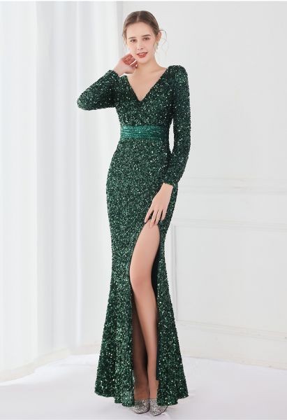 V-Neck Split Side Sequined Gown in Emerald