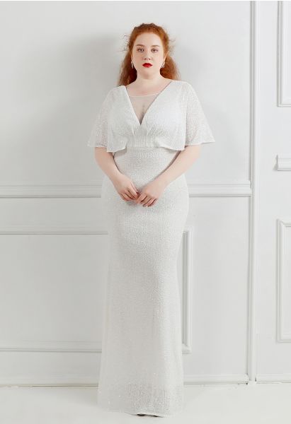 Cape Sleeve Mesh Inserted Sequined Gown in White