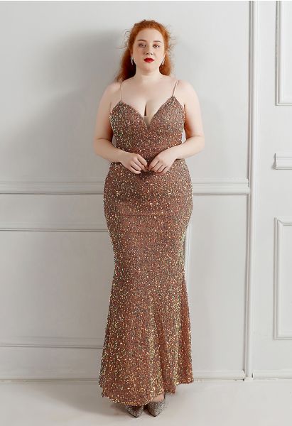 Mesh Inserted Sequined Mermaid Cami Gown in Brown