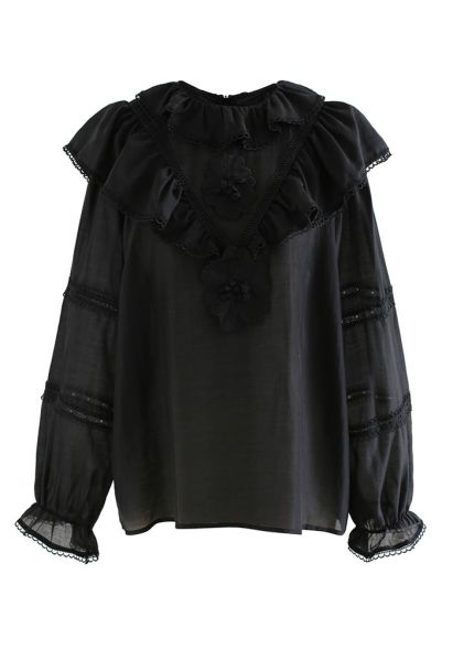 Tiered Doll Collar Floral Embroidered Shirt in Black