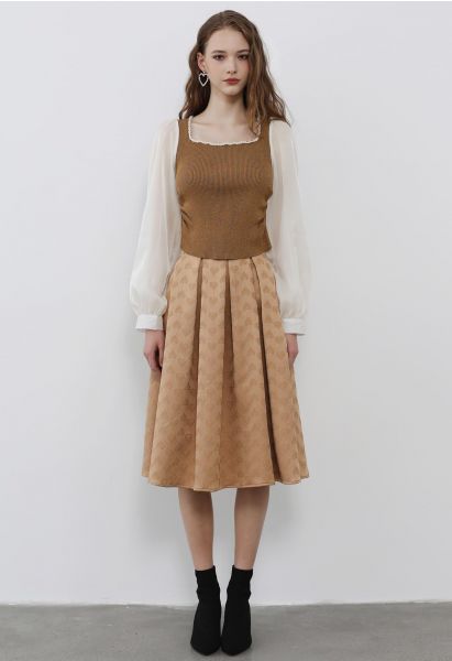 Oppositely Hearts Jacquard Pleated Midi Skirt in Apricot