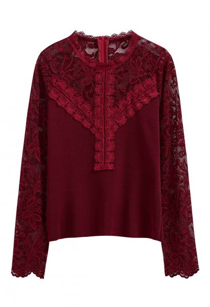 Ethereal Floral Lace Spliced Knit Top in Burgundy