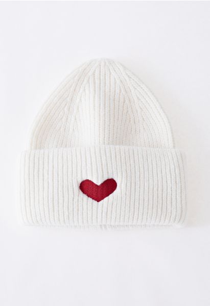 Heart Patch Folded Beanie Hat in White