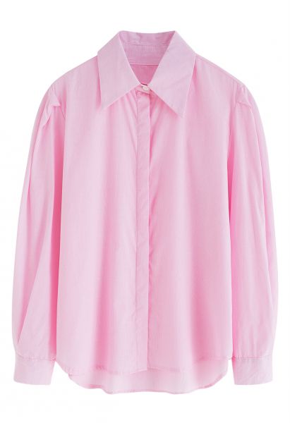 Bubble Sleeve Pinstripe Cotton Shirt in Pink