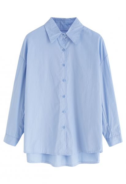 Pointed Collar Button Down Cotton Shirt in Blue
