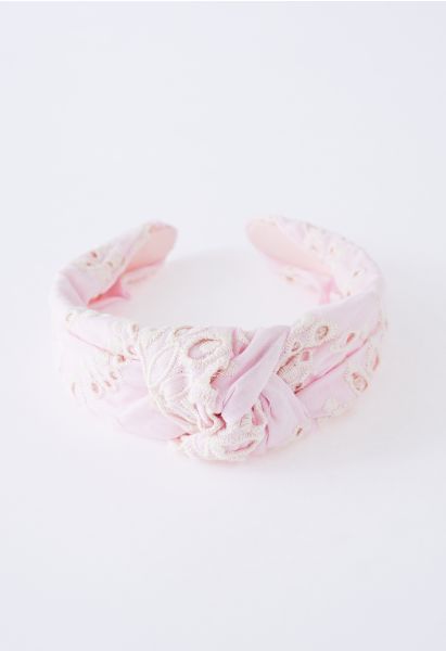 Twisted Floral Embroidered Headband in Pink