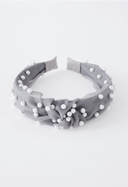 Twisted Organza Full Pearl Headband in Grey