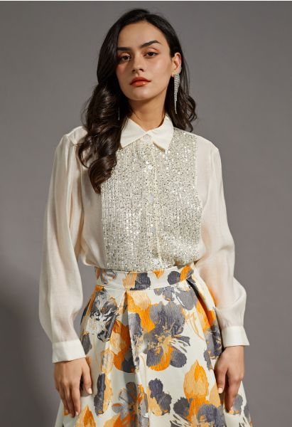 Sparkling Sequin Embellished Button Down Shirt in Cream