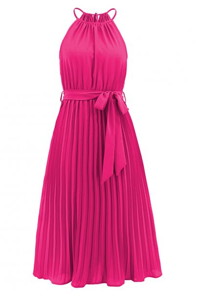 Halter Neck Tie Waist Pleated Dress in Hot Pink