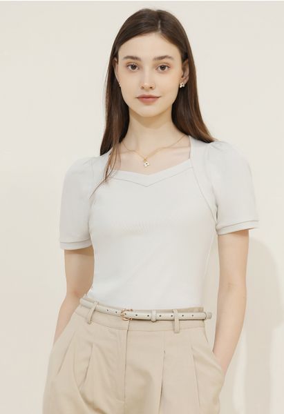 Square Neckline Puff Shoulder T-Shirt in Oatmeal