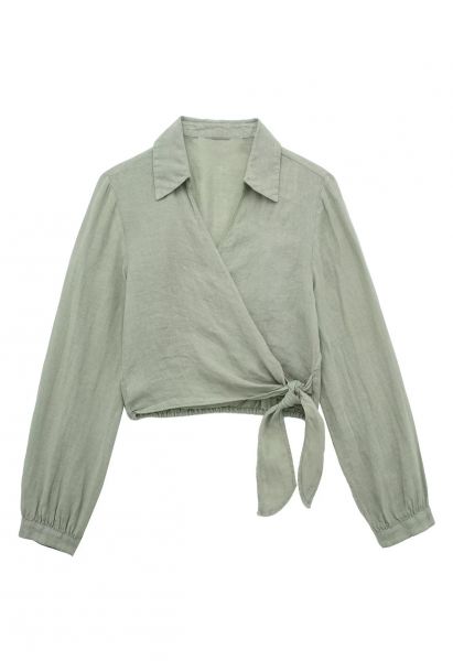 Front Knot Collared Wrap Linen Top