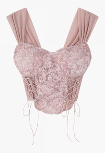 3D Flower Lace-Up Bustier Crop Top in Pink