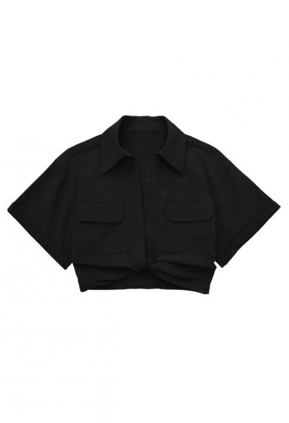 Front Tie Flap Pocket Crop Shirt in Black