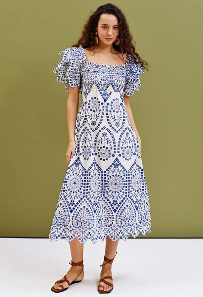 Blue Embroidery Ruffle Sleeve Cotton Dress