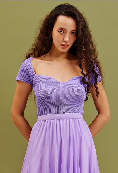 U-Shape Wide Collar Fitted Knit Top in Lilac