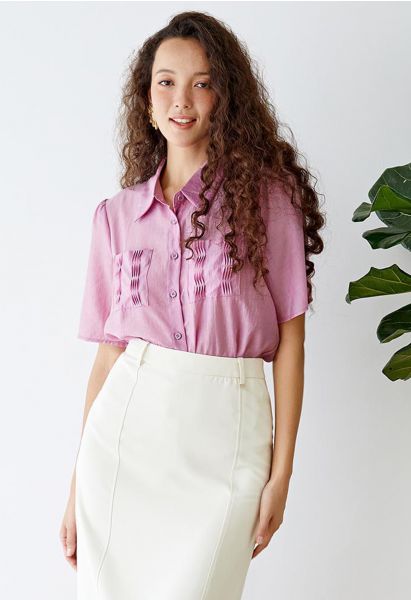 Pintuck Front Pockets Button Down Shirt in Violet