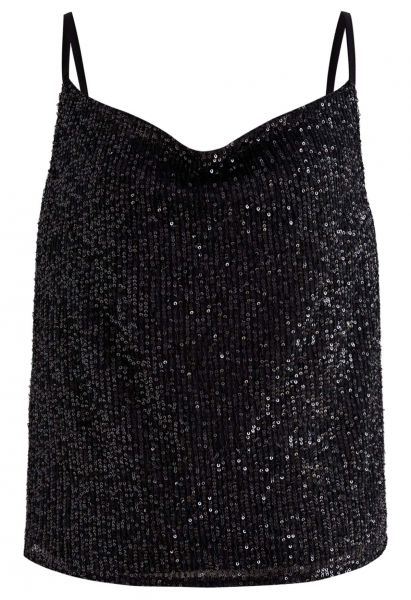 Cowl Neck Sequined Cami Top in Black