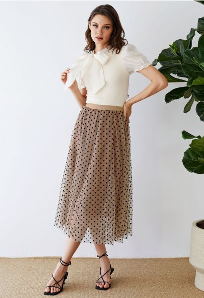Full Polka Dots Double-Layered Mesh Tulle Skirt in Caramel