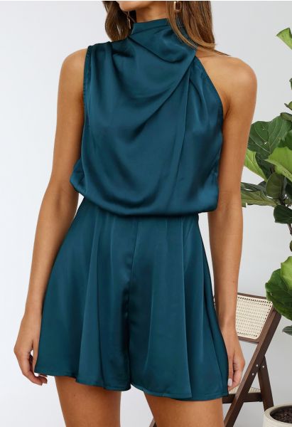 Satin Asymmetric Ruched Neckline Sleeveless Playsuit in Teal