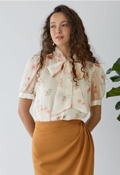 Self-Tie Bowknot Rose Printed Sheer Shirt
