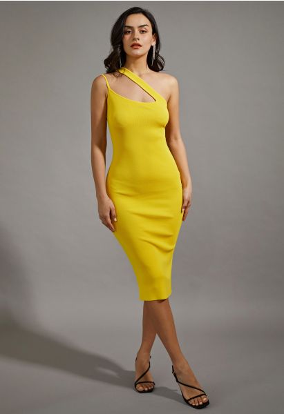 Asymmetric Straps Bodycon Knit Dress in Yellow