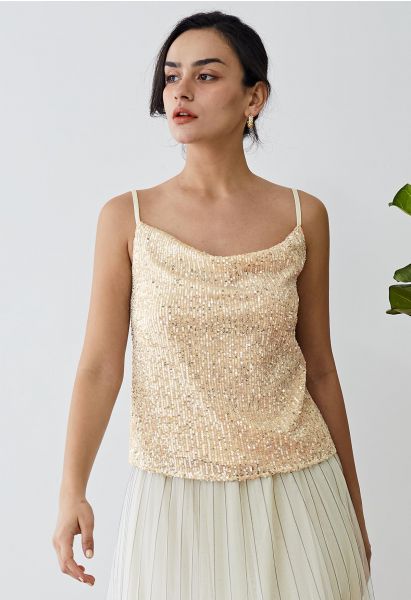 Cowl Neck Sequined Cami Top in Gold