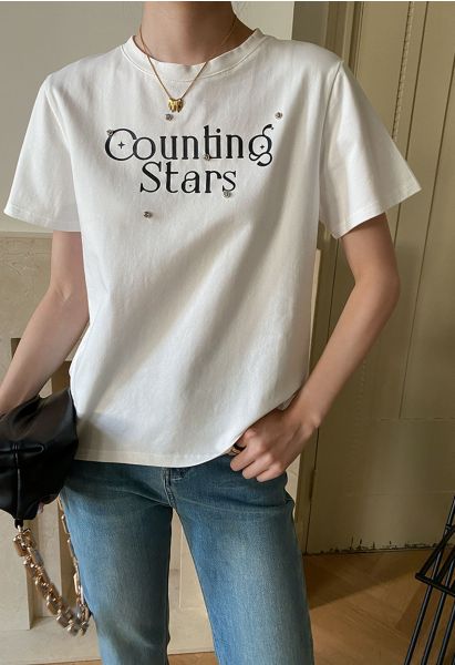 Counting Stars Print Crew Neck T-Shirt in White