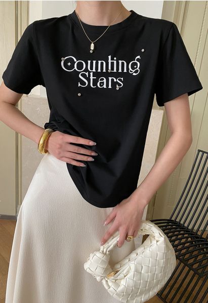 Counting Stars Print Crew Neck T-Shirt in Black