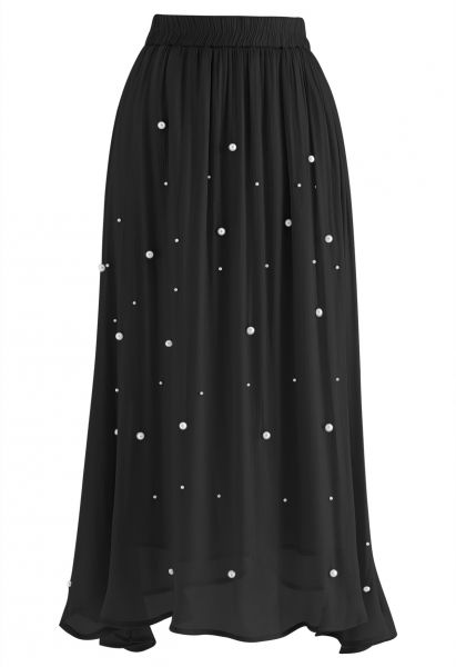 Irregular Pearl Shimmer Chiffon Skirt in Black