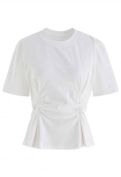 Gathering Ruched Crew Neck T-Shirt in White