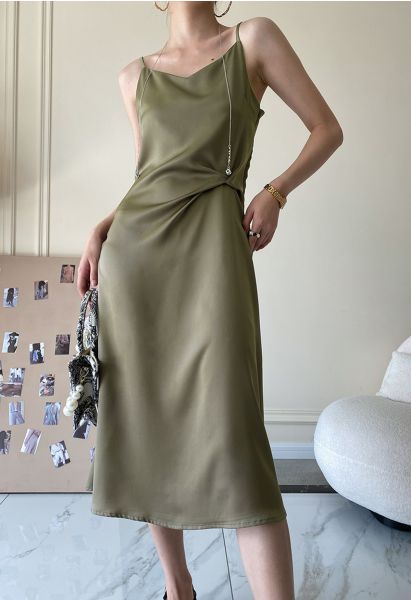Sweetheart Neck Side Twisted Satin Cami Dress in Olive