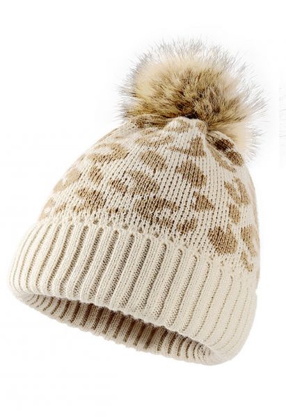 Fuzzy Pom-Pom Leopard Knit Beanie Hat in Oatmeal