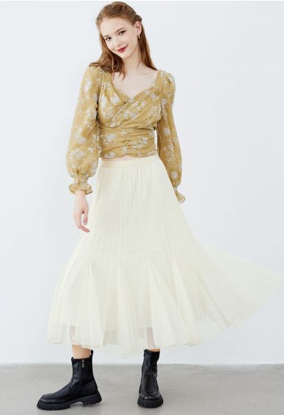Panelled Pleated Mesh Tulle Midi Skirt in Cream