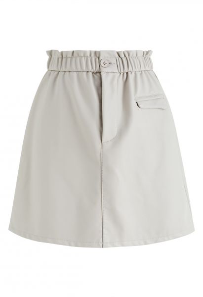 Elastic Waist Faux Leather Mini Skirt in Ivory