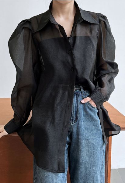 Bubble Sleeves Semi-Sheer Buttoned Shirt in Black
