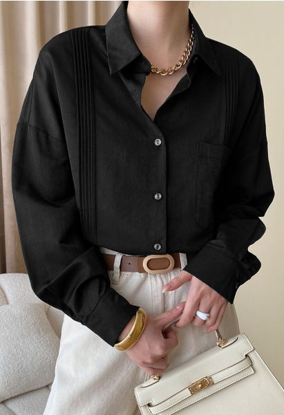 Sleek Pintuck Detail Button Down Shirt in Black