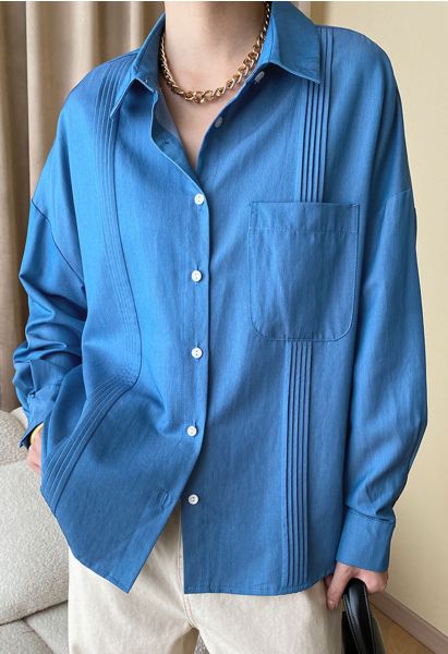 Sleek Pintuck Detail Button Down Shirt in Blue